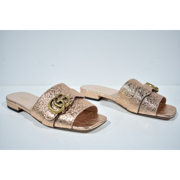 Gucci Marmont Rose Gold GG Interlocking Metal Logo Mule Flat Slide Sandal 37.5 - Picture 4 of 12